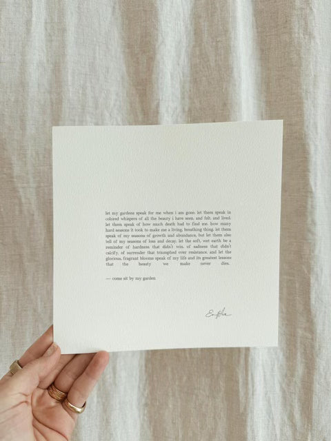 'come sit by my garden' letterpress print